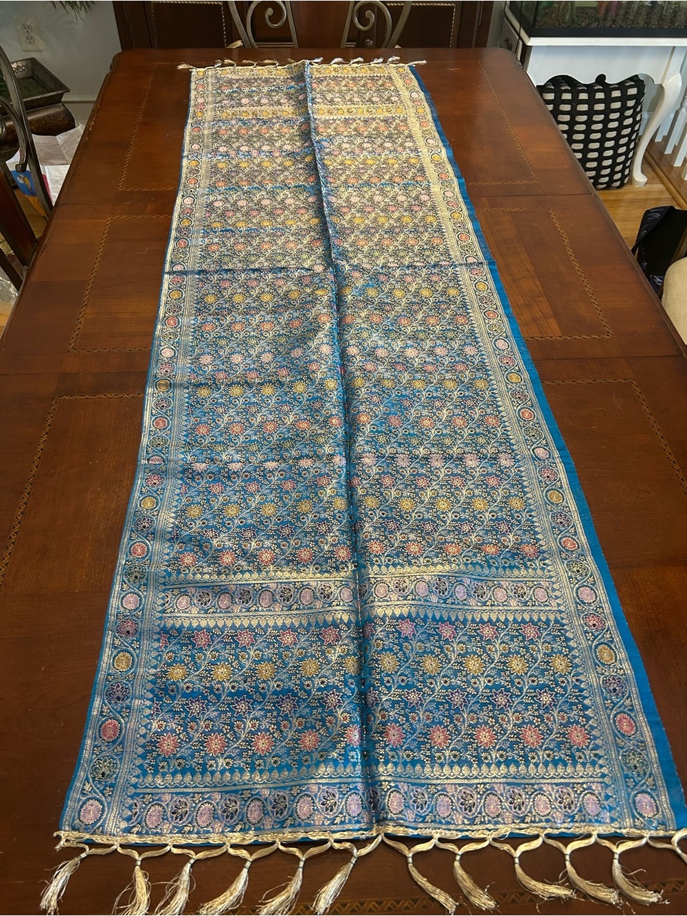 Blue and Gold floral brocade fabric ornate metallic woven jacquard traditional
